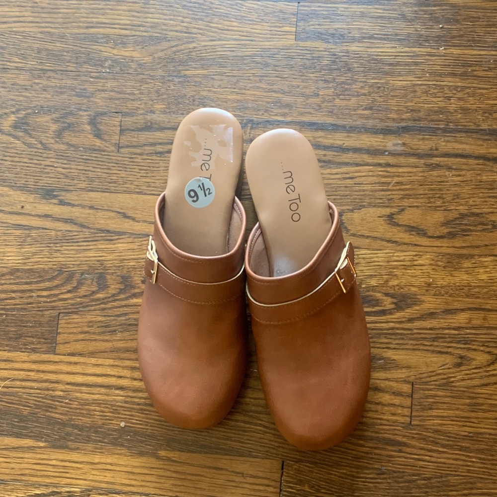 Me Too Women's Tan Mules with Gold Buckle